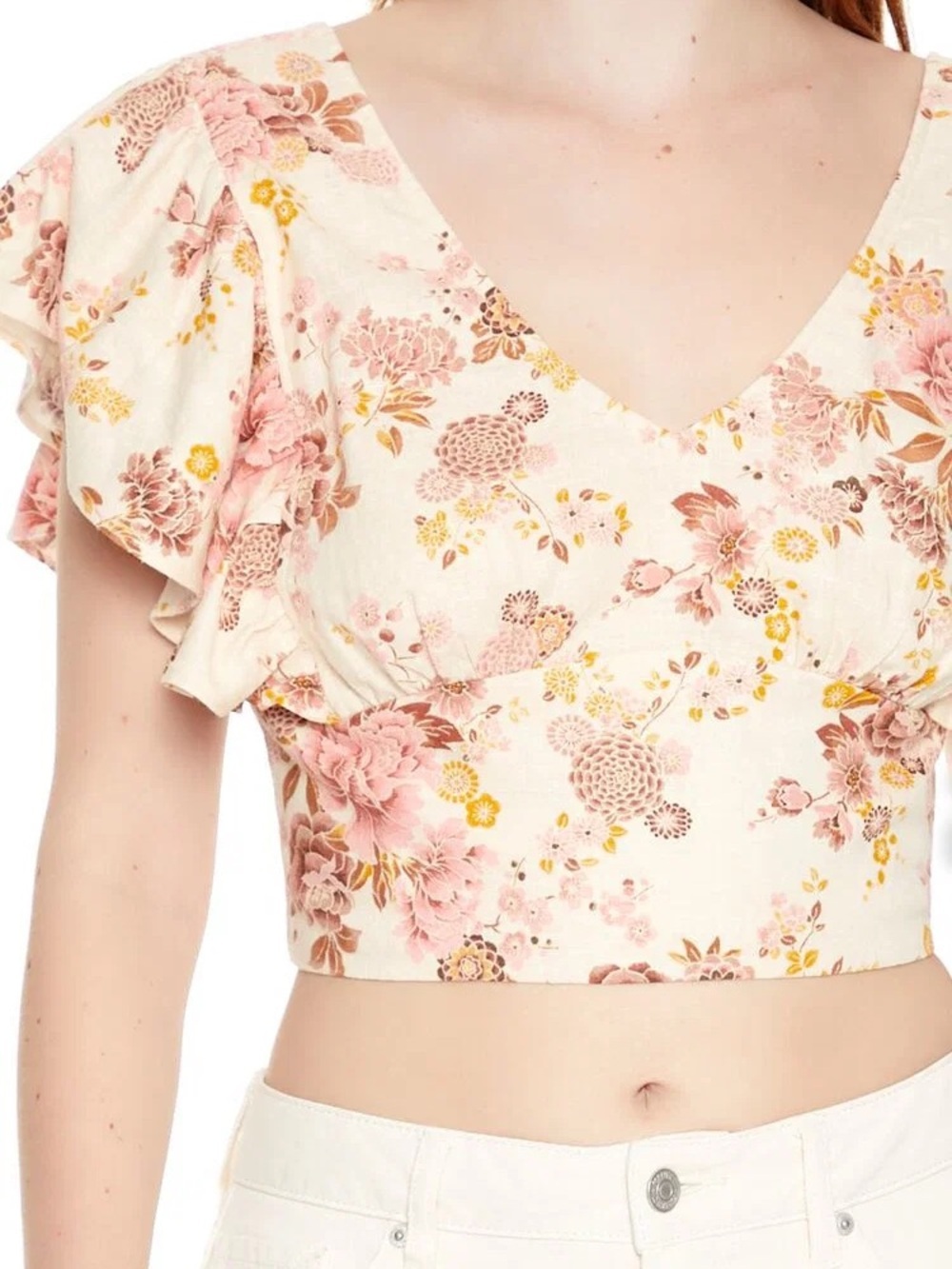 Forever 21 Pink and cream Floral Ruffle Crop Top women’s size medium